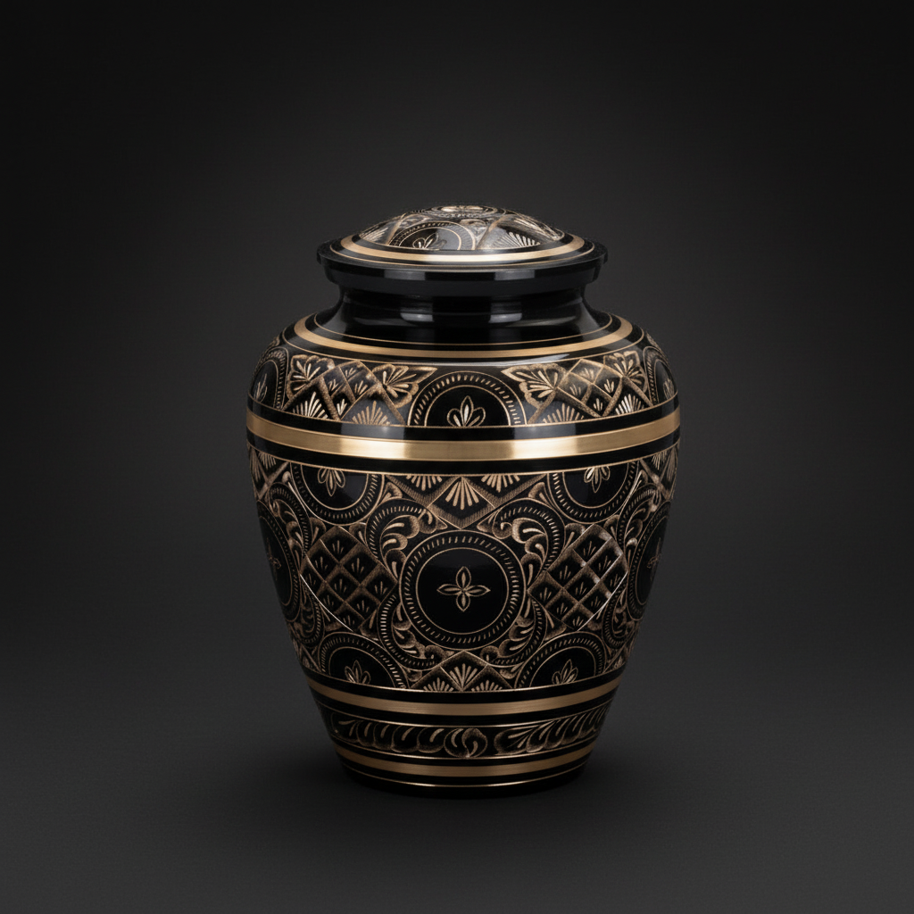 Decorative urn with intricate patterns on a black background