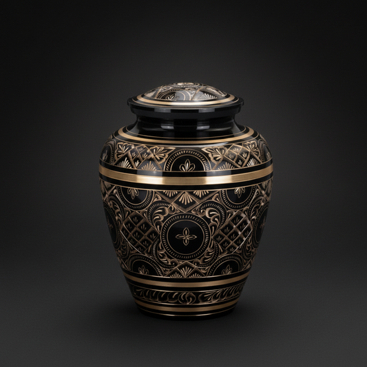 Decorative urn with intricate patterns on a black background