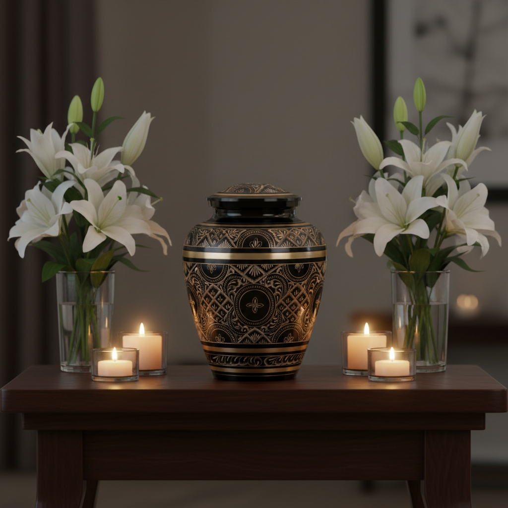 Decorative urn with white lilies on a wooden table in a dimly lit room