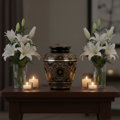 Decorative urn with white lilies on a wooden table in a dimly lit room