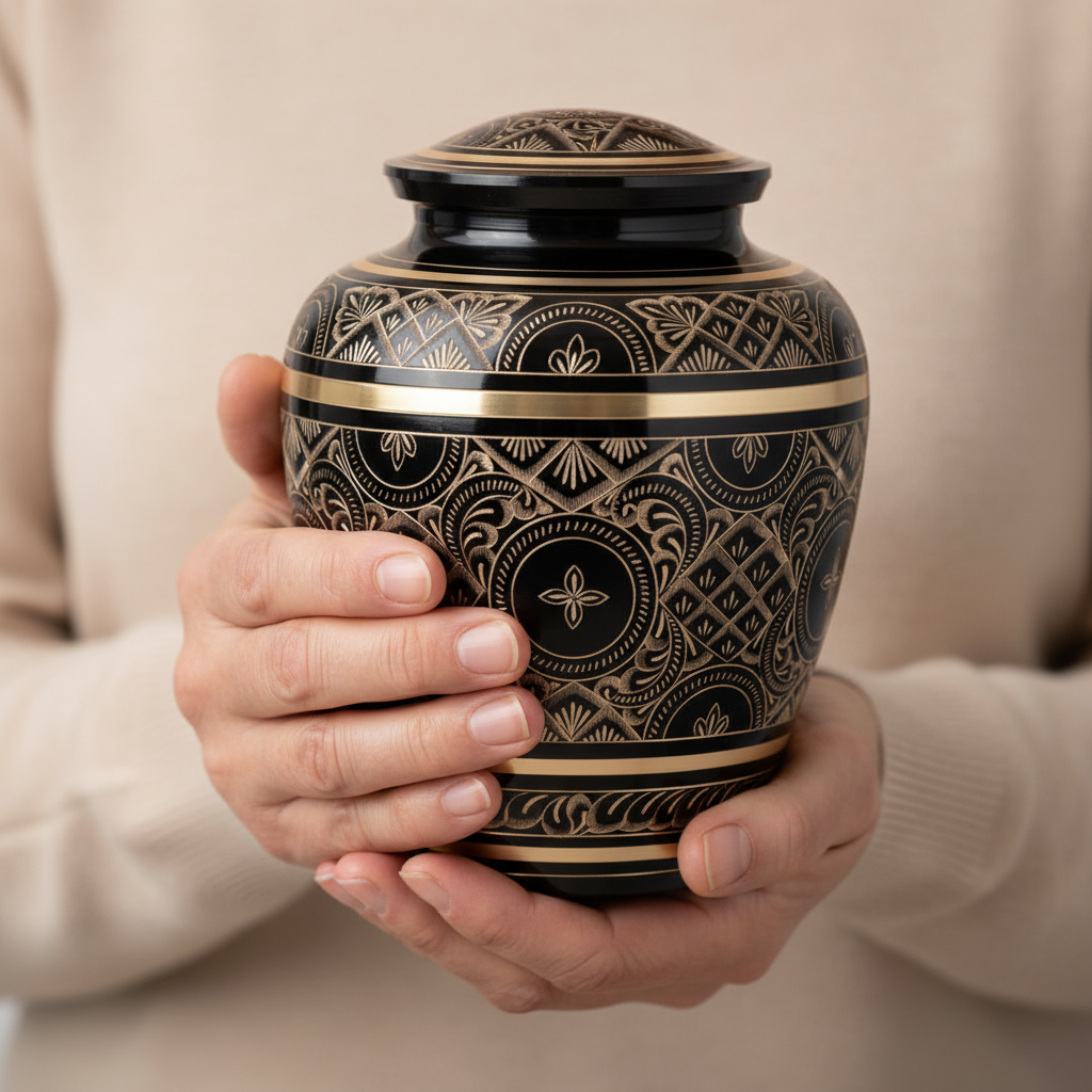 Person holding a black and gold ornate urn against a neutral background