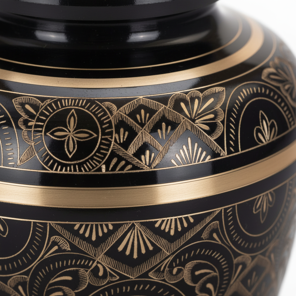 Close-up of a black urn with gold intricate patterns on a white background