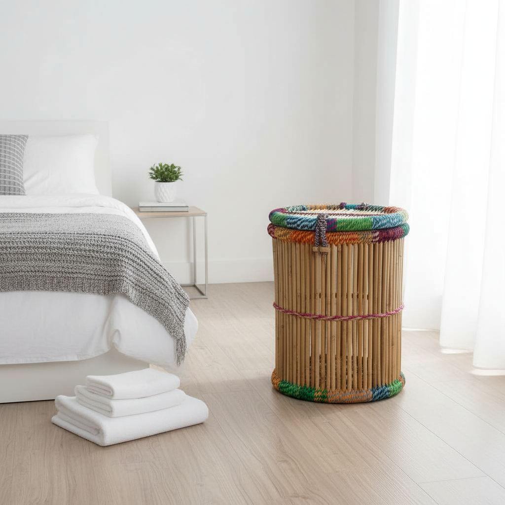 Bamboo laundry basket with colorful accents in a bedroom setting