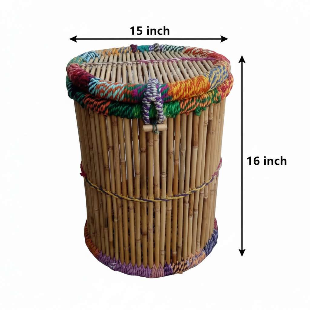 Wicker laundry basket with colorful lid dimensions on a white background