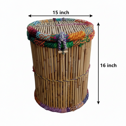 Wicker laundry basket with colorful lid dimensions on a white background