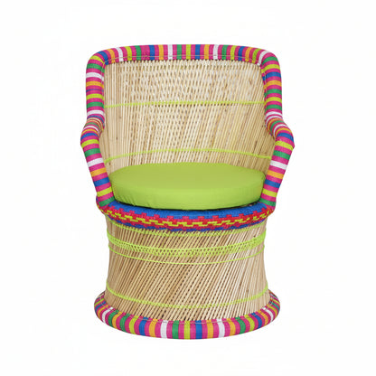 Woven chair with colorful striped backrest and seat