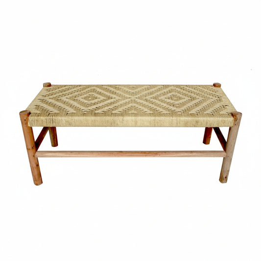 Woven bench with wooden frame on a white background