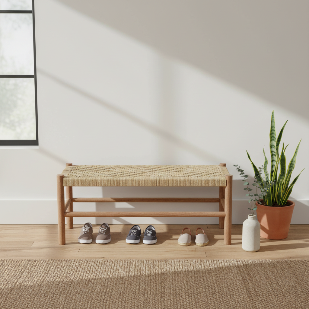 Woven bench with shoes underneath, plant to the side, in a room with a white wall and wooden floor.