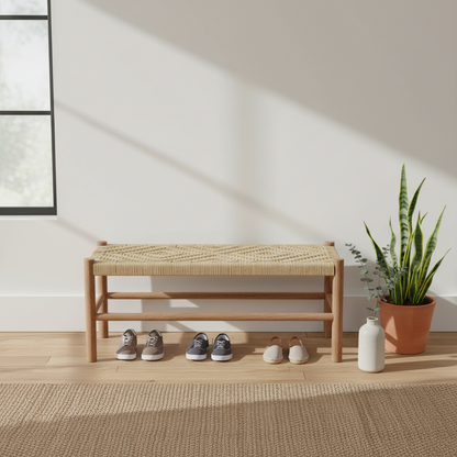 Woven bench with shoes underneath, plant to the side, in a room with a white wall and wooden floor.