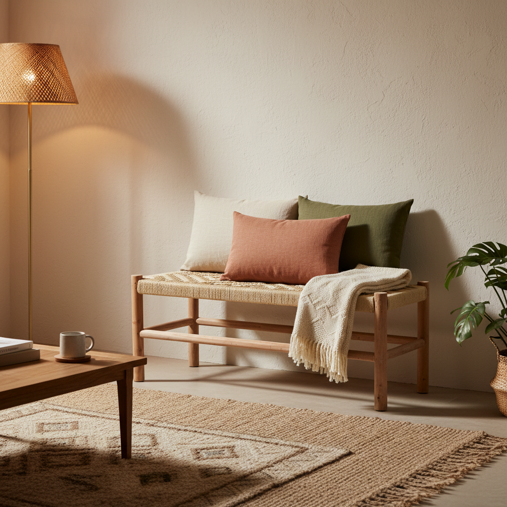 Cozy living room with a wooden bench, cushions, and a lamp.