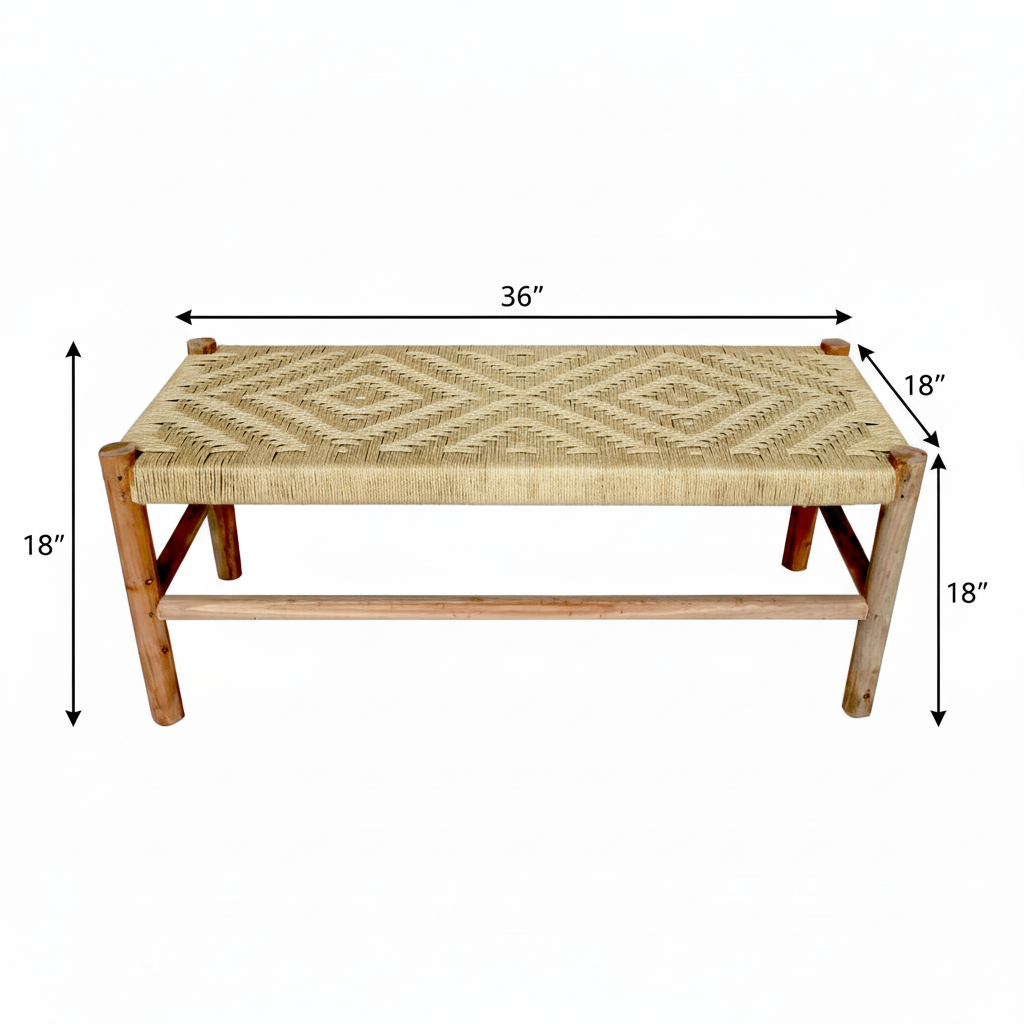 Woven bench with dimensions on a white background