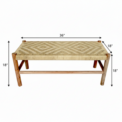 Woven bench with dimensions on a white background