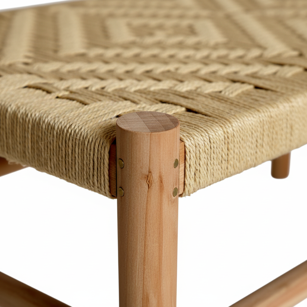 Close-up of a woven chair with wooden frame on a white background