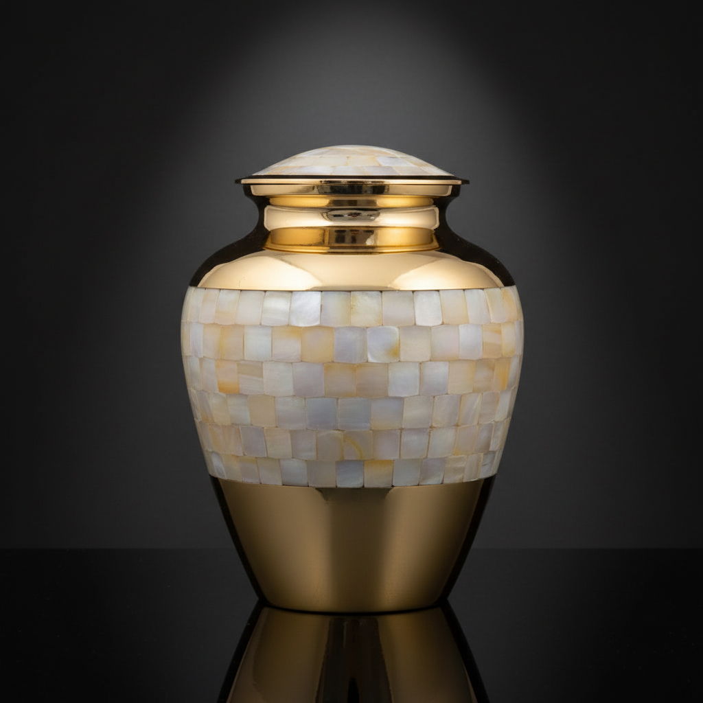 Decorative urn with mosaic design and gold accents on a dark background