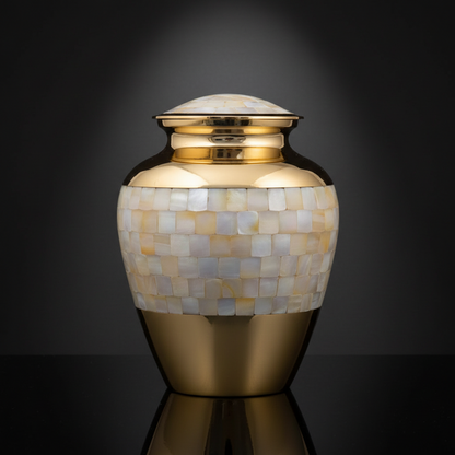Decorative urn with mosaic design and gold accents on a dark background