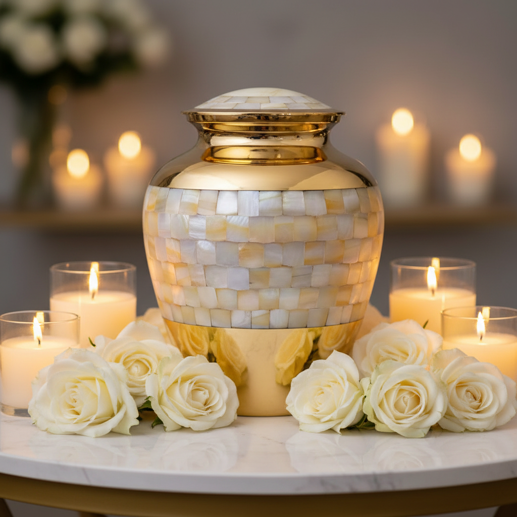 Gold and white mosaic urn with candles and roses on a marble surface