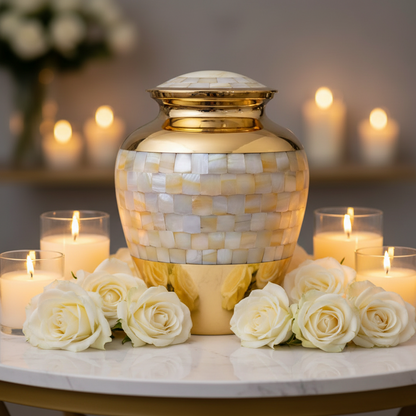 Gold and white mosaic urn with candles and roses on a marble surface