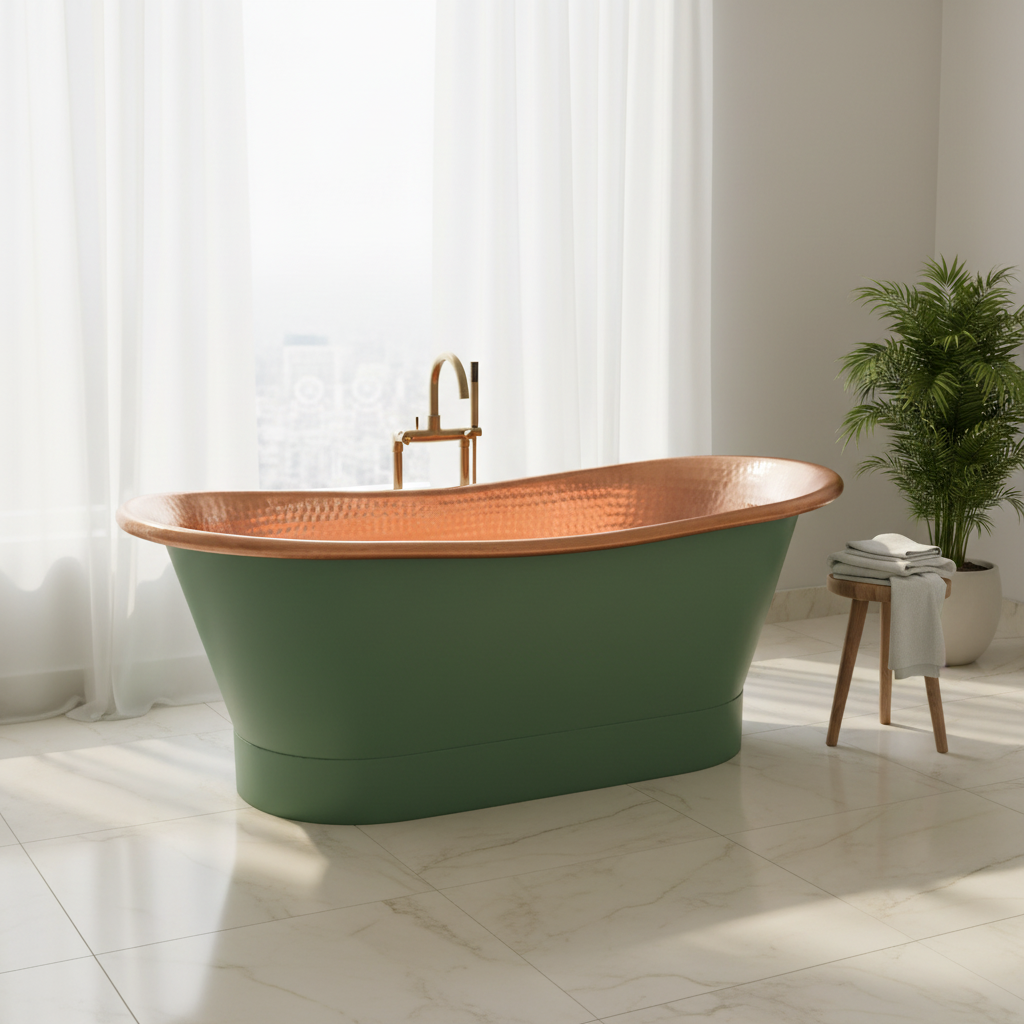 Green freestanding bathtub with copper interior in a bright bathroom.