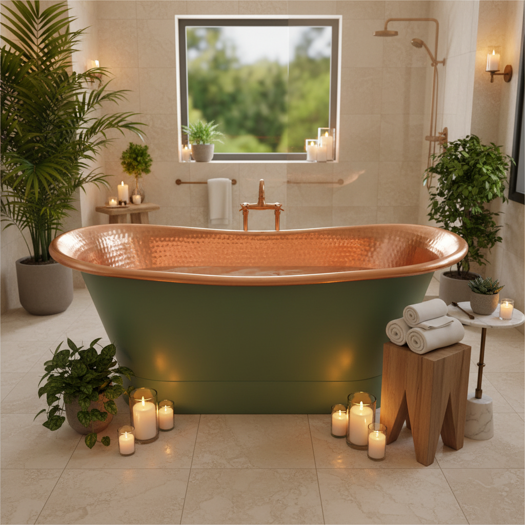 Green freestanding bathtub in a bathroom with candles, plants, and towels.