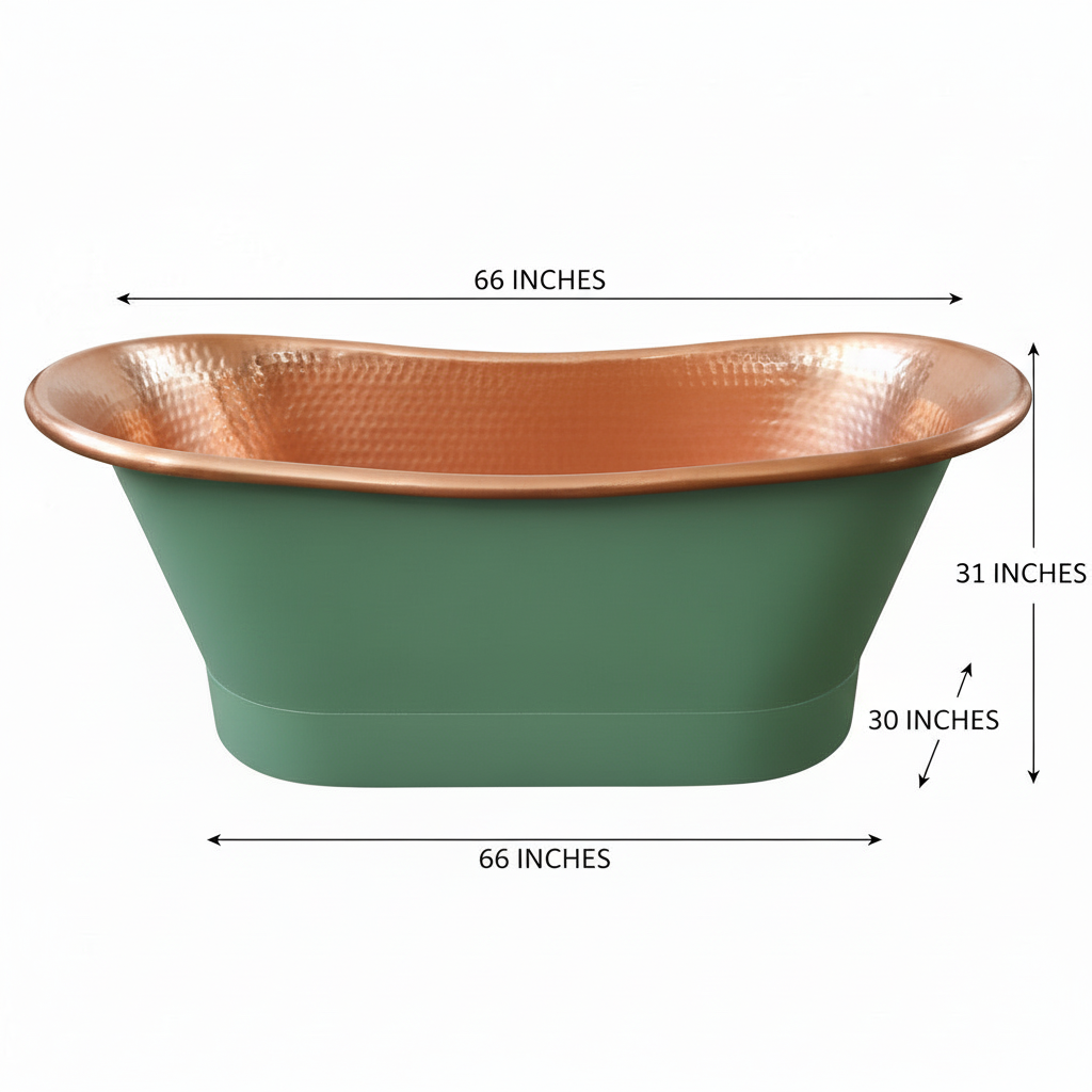 Green freestanding bathtub with copper top and dimensions labeled on a white background