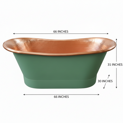 Green freestanding bathtub with copper top and dimensions labeled on a white background