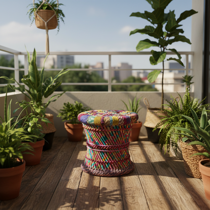 Multicolour Bamboo Mudda Stool Handwoven