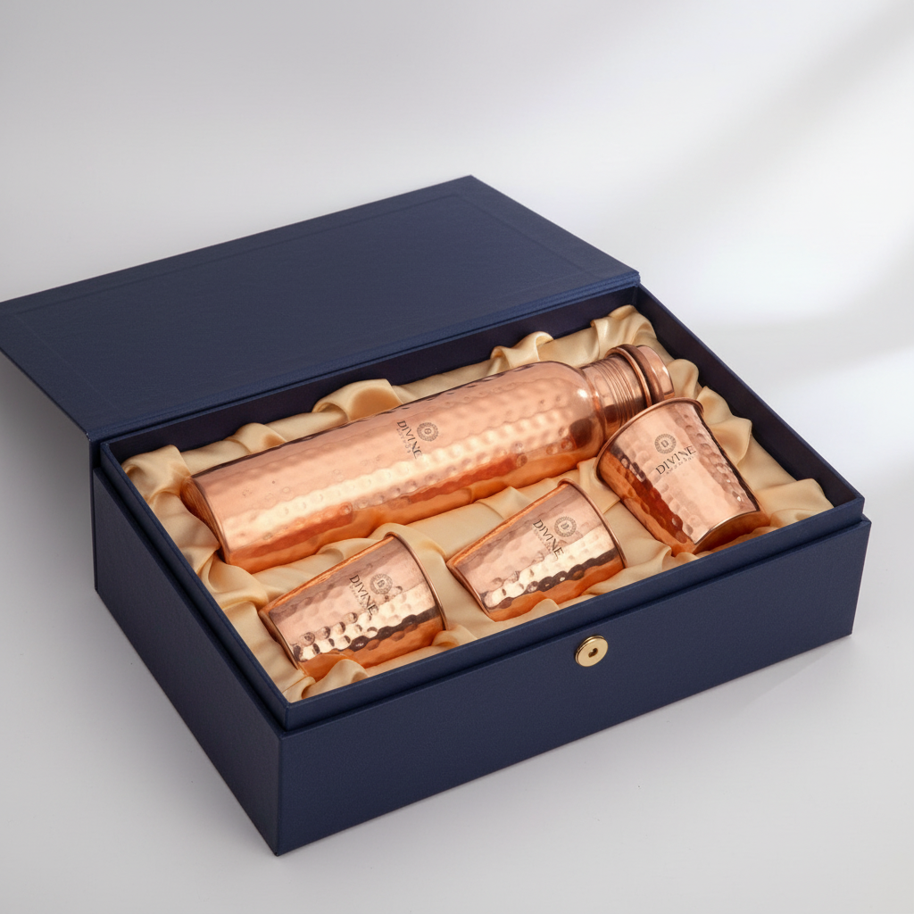 Set of copper containers in a blue box on a light gray background