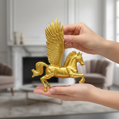 Gold Pegasus figurine held by a hand in a living room setting