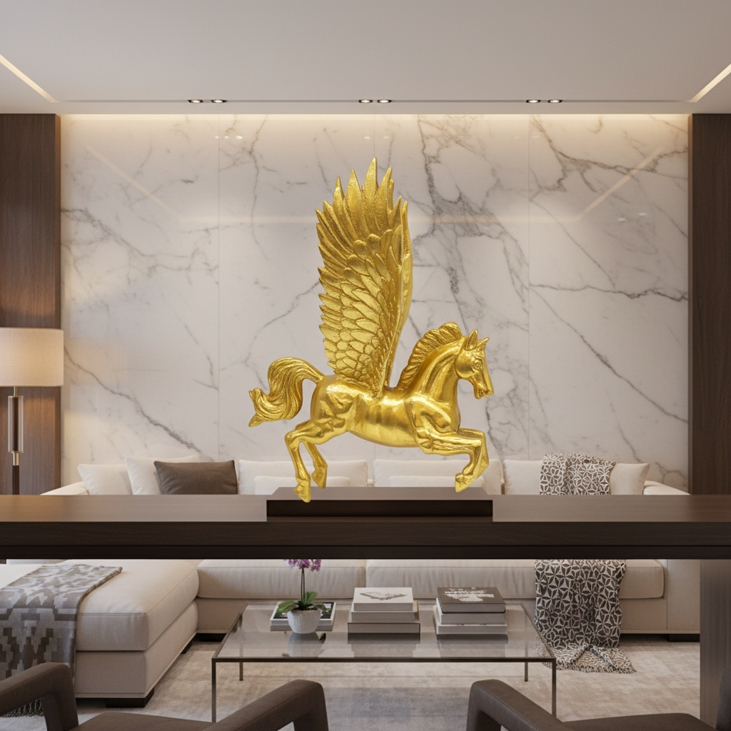 Gold pegasus sculpture on a marble wall in a modern living room.