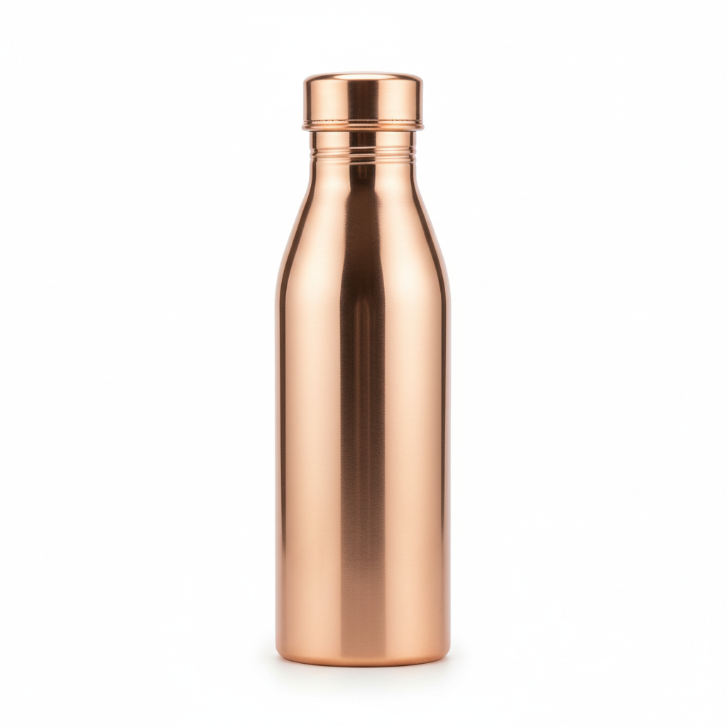 Three copper-colored water bottles on a reflective surface with a floral-patterned background.