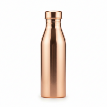 Three copper-colored water bottles on a reflective surface with a floral-patterned background.