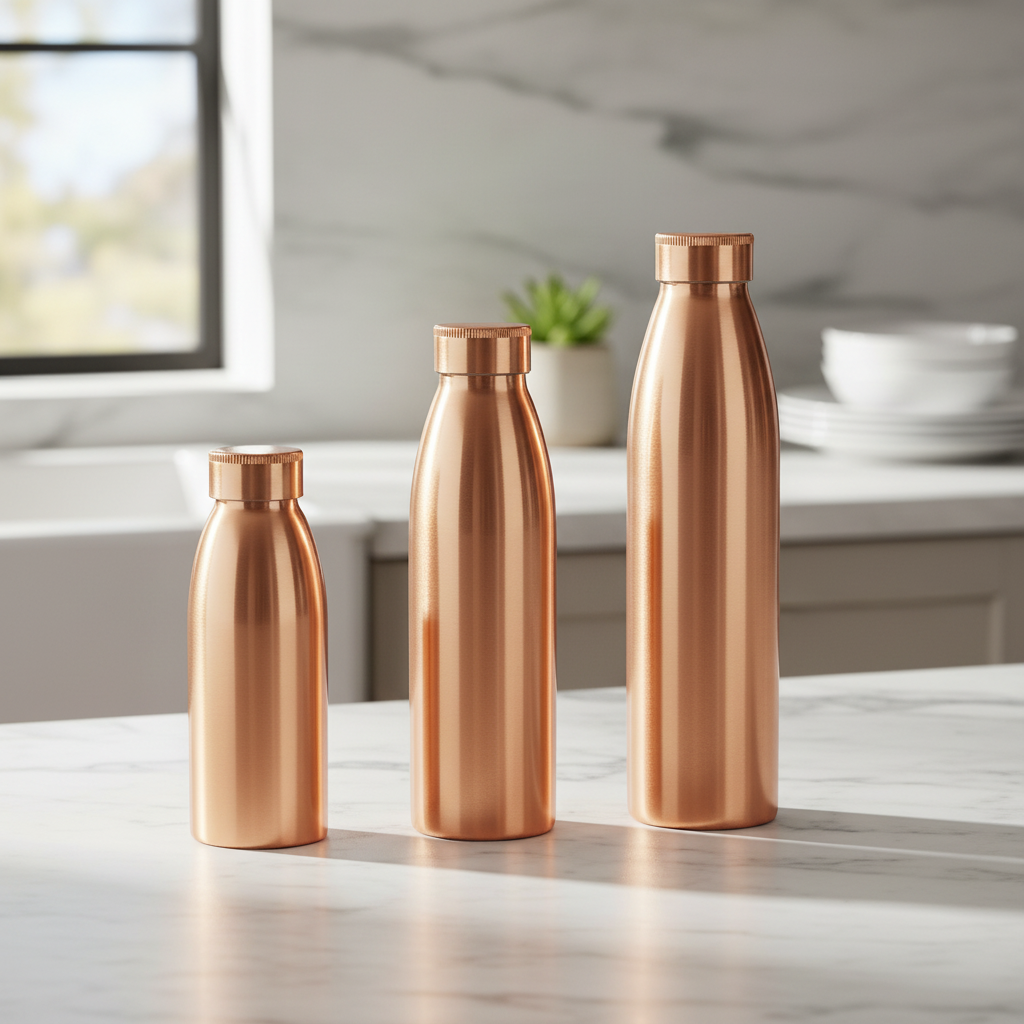 Three copper-colored bottles on a kitchen counter with a blurred background