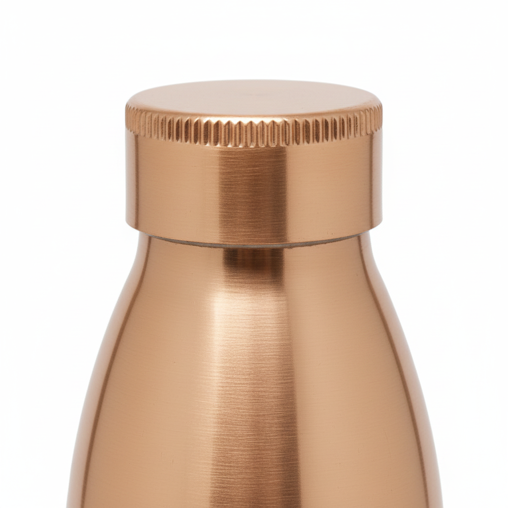 Rose gold water bottle with cap on a white background