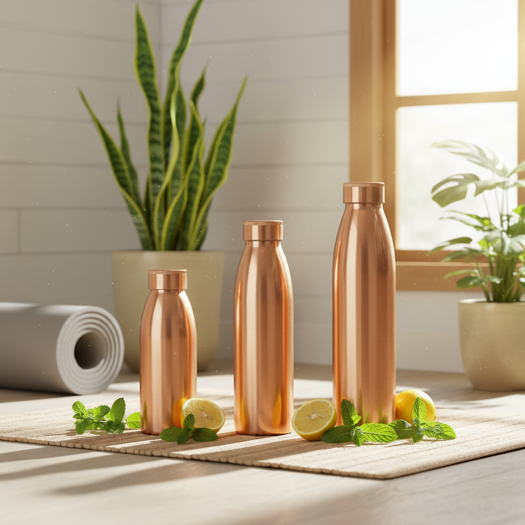 Three copper-colored water bottles of different sizes on a white background