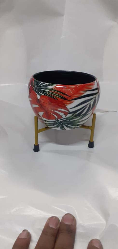 Compact Printed Metal Planter with Golden Stand – 5x5 Inch