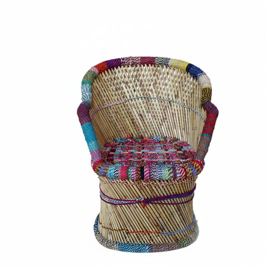 Woven chair with colorful patterns on a white background
