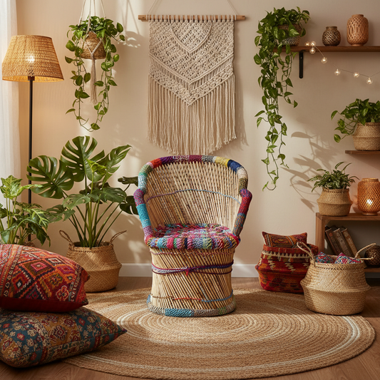 Multicolor Cloth Rope Bamboo Mudda Armrest Chair