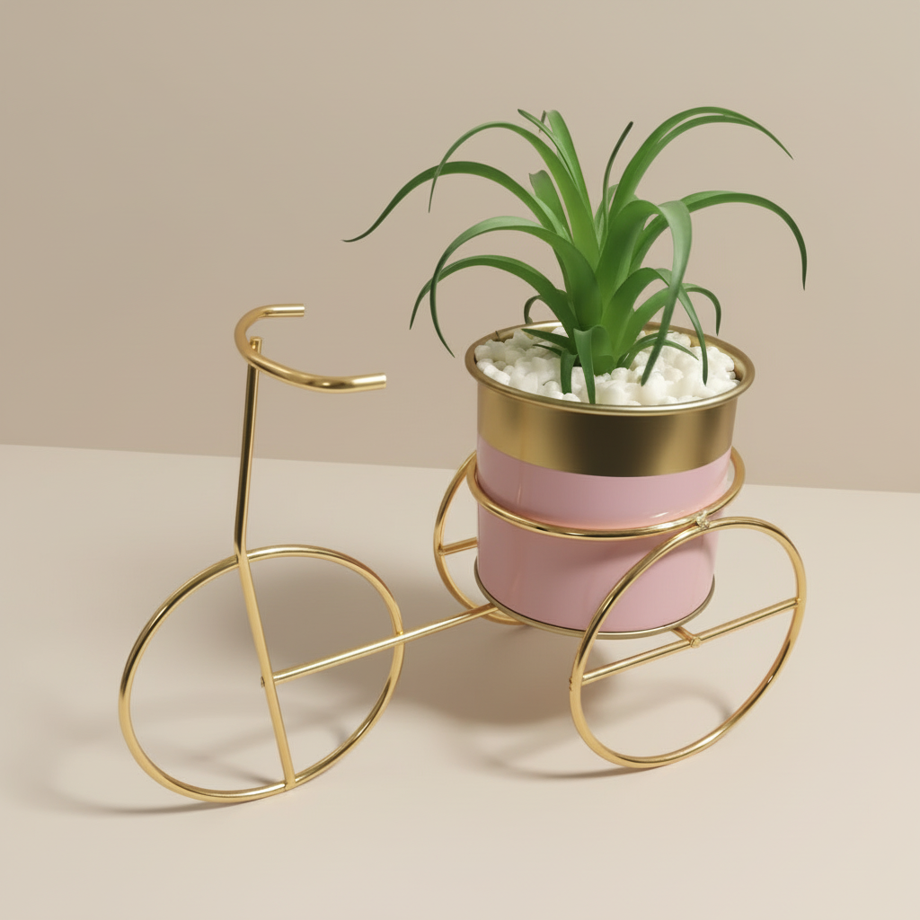 Pink bicycle-shaped planter with a green plant on a beige background