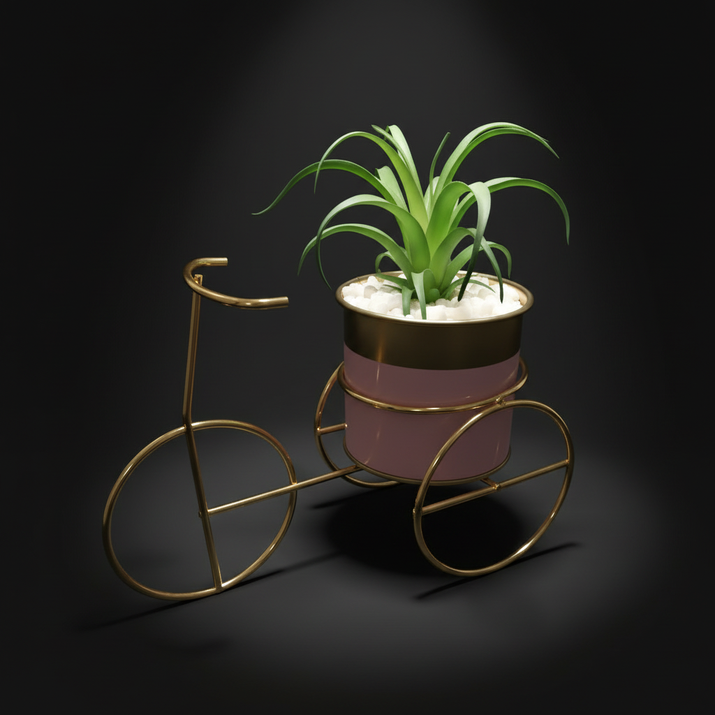 Decorative plant holder shaped like a bicycle on a dark background