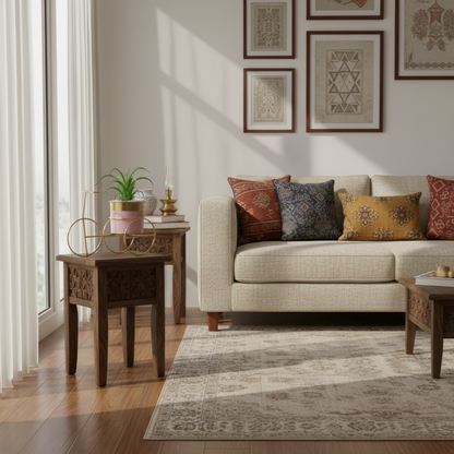 Living room with a beige sofa, wooden side table, and decorative pillows.