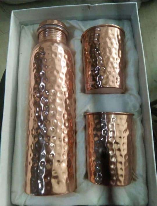 Hammered Copper Water Bottle with 2 Glass Set – 1000 ml Bottle + 300 ml Glasses