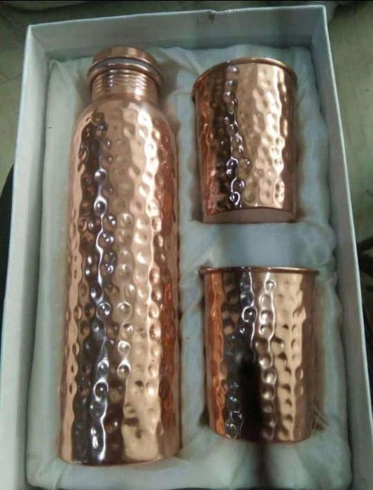 Hammered Copper Water Bottle with 2 Glass Set – 1000 ml Bottle + 300 ml Glasses