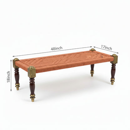 Woven bench with dimensions on a white background