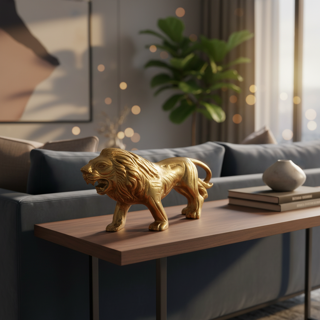 Gold lion statue on a wooden table in a living room setting