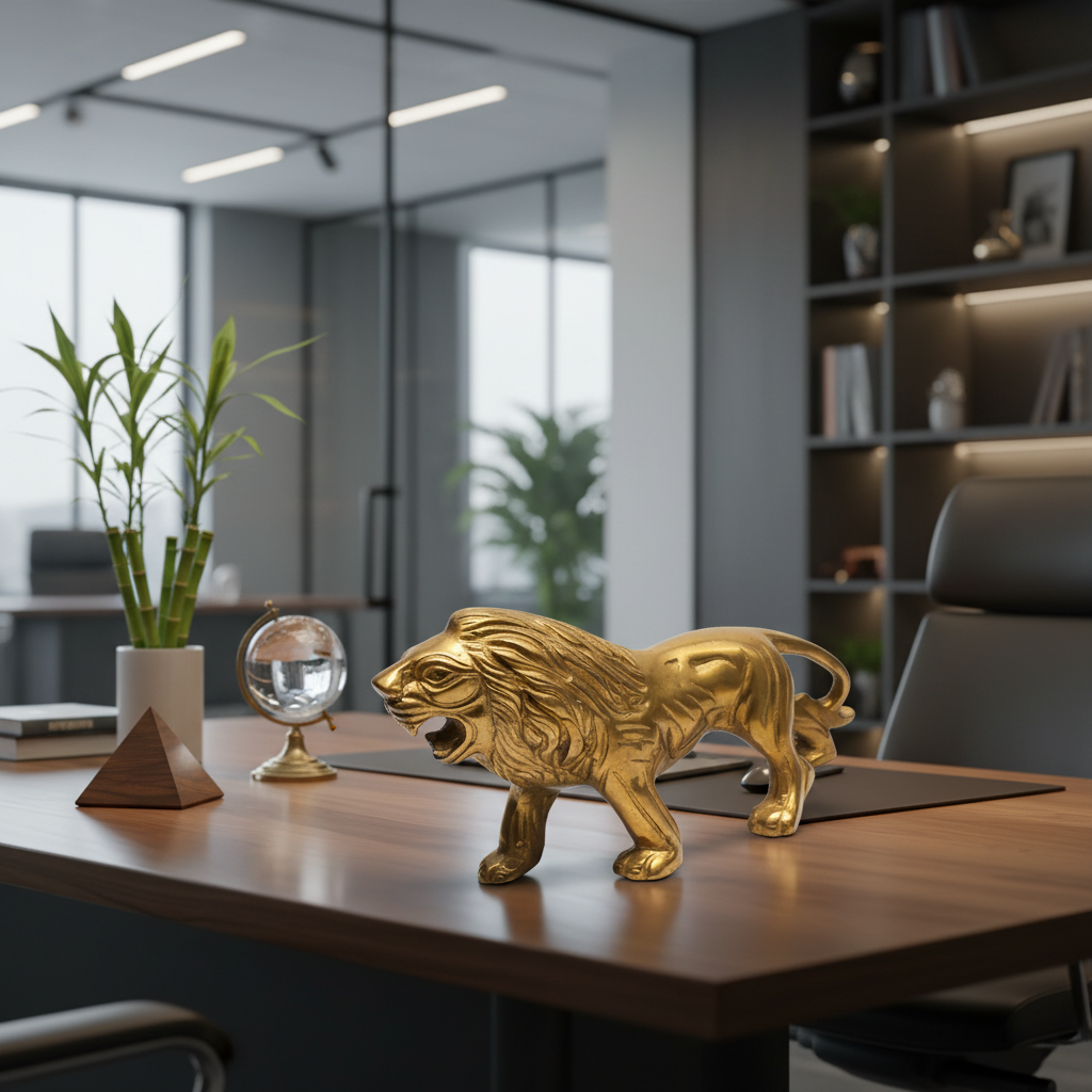 Gold lion statue on a desk in an office setting with a plant and crystal ball.