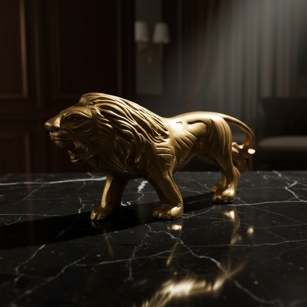 Gold lion statue on a dark marble surface with a blurred background