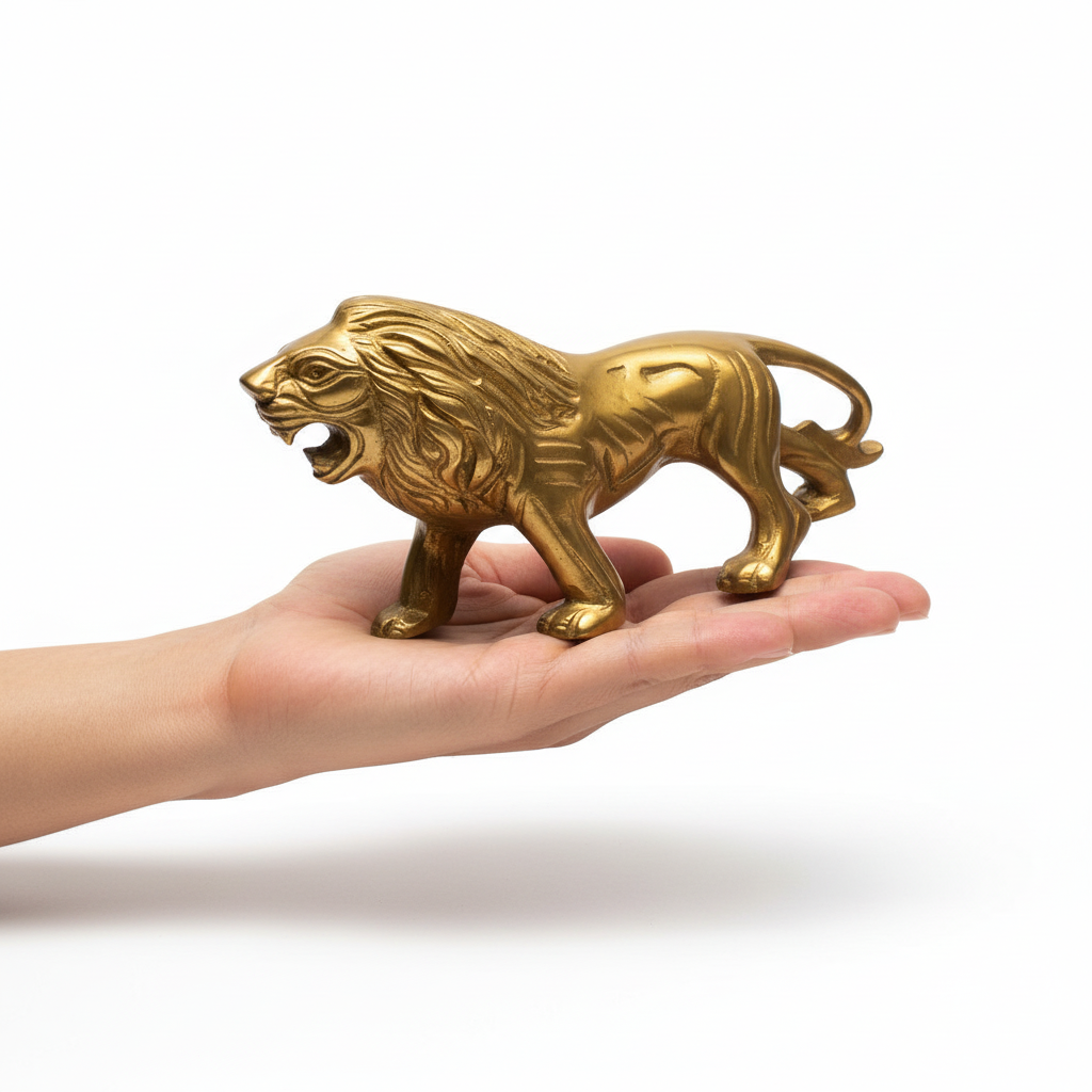 Gold lion figurine held in a hand against a white background