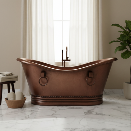 Copper bathtub in a bathroom with marble floor and window