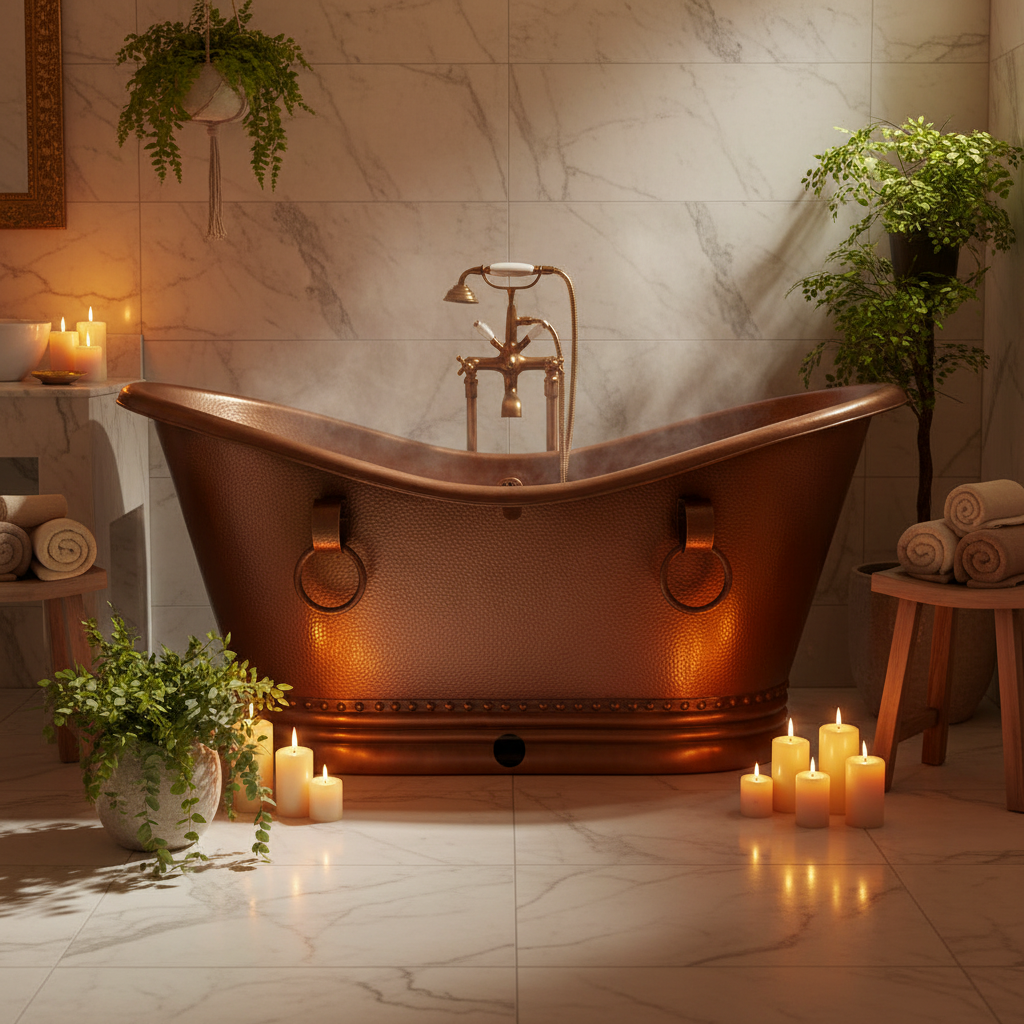 Copper bathtub in a luxurious bathroom with candles and plants