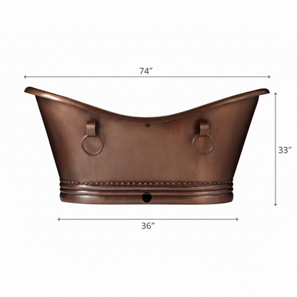 Copper bathtub with dimensions on a white background